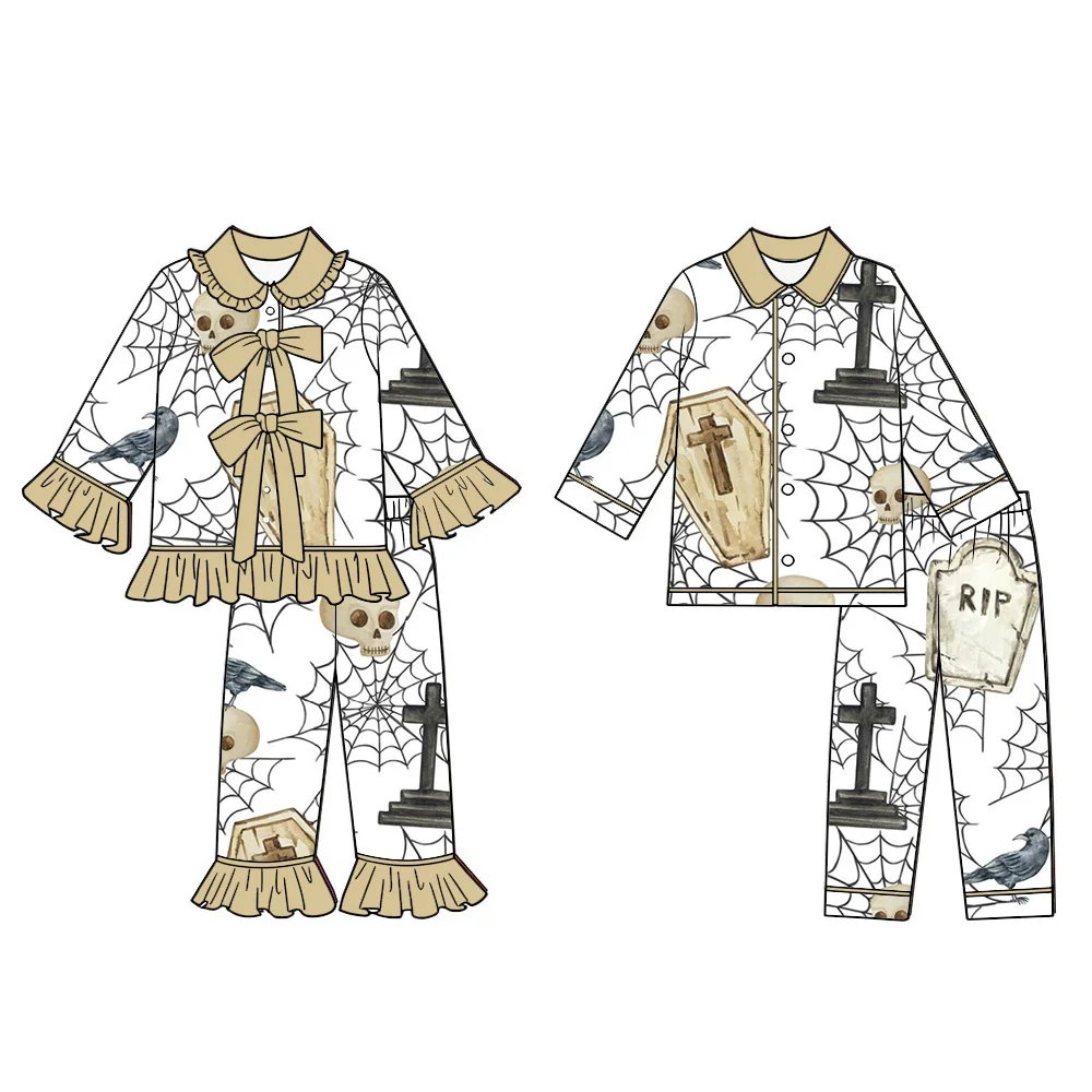 Boutique children's set Halloween Ghost Spider Web Bat print lapel long-sleeved trousers bow decoration ruffle girls boys pajama