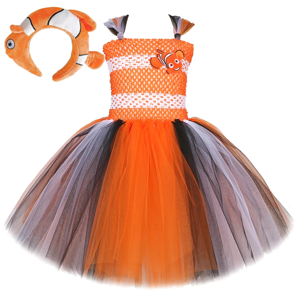 Baby Girls Orange Clownfish Tutu Dress for Kids Ocean Fish Halloween Costumes Child Christmas Birthday Cartoon Outfits with Bow