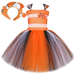 Baby Girls Orange Clownfish Tutu Dress for Kids Ocean Fish Halloween Costumes Child Christmas Birthday Cartoon Outfits with Bow