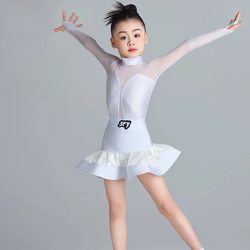 New summer high-end white professional fishbone skirt for girls Latin dance costumes and practice girls' performance costumes