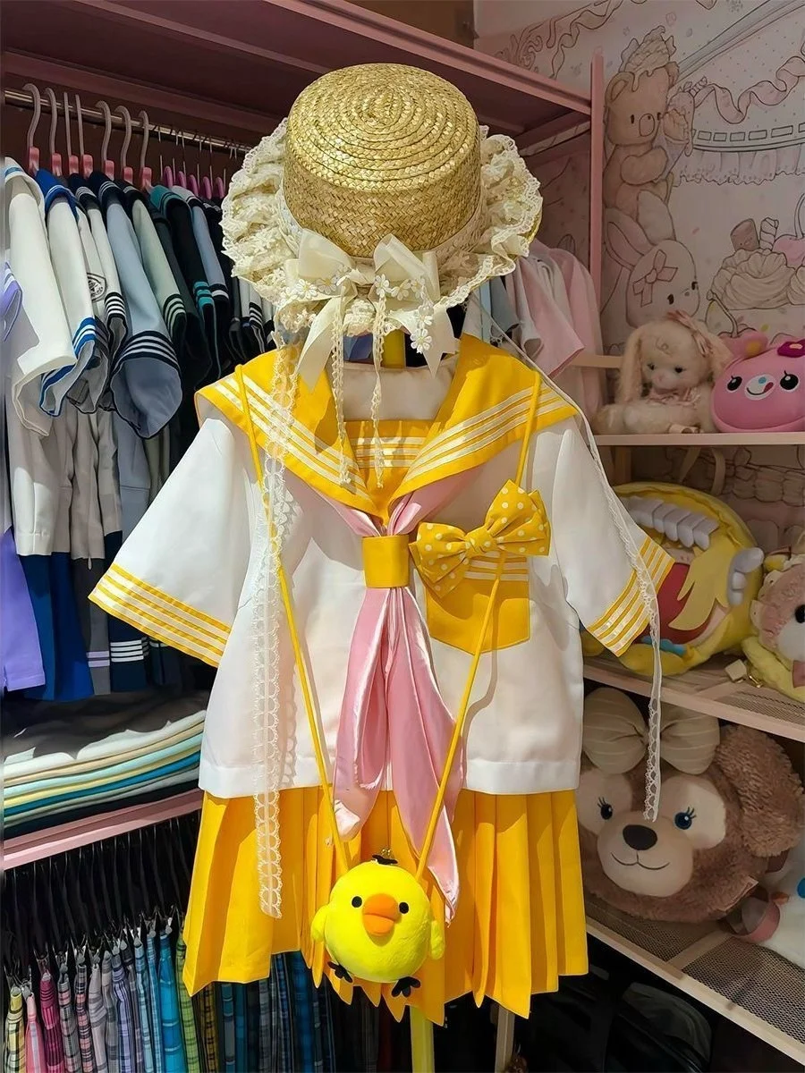 

Cute School Uniform Set Short Sleeve Basic Style Women's Fashion Summer Outfit Yellow Sailor Suit College JK Uniform