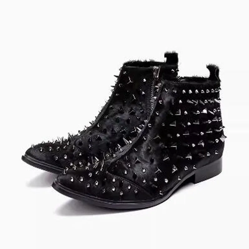 

New Men Black Horse Fur Full Rivet Spike Studded Zipper Side Pointed Toe Flat Ankle Boots Male High Top Short Boots Size 47