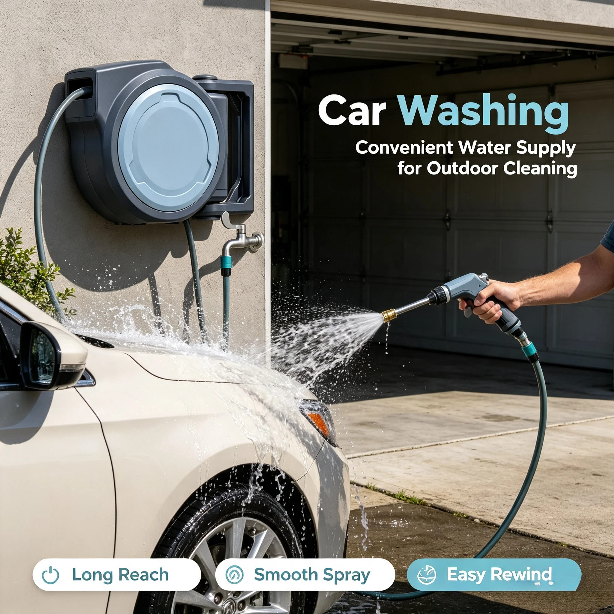 Wall Mount Retractable Garden Hose Reel Auto Rewind Water Pipe Storage Organizer for Yard Watering Car Washing