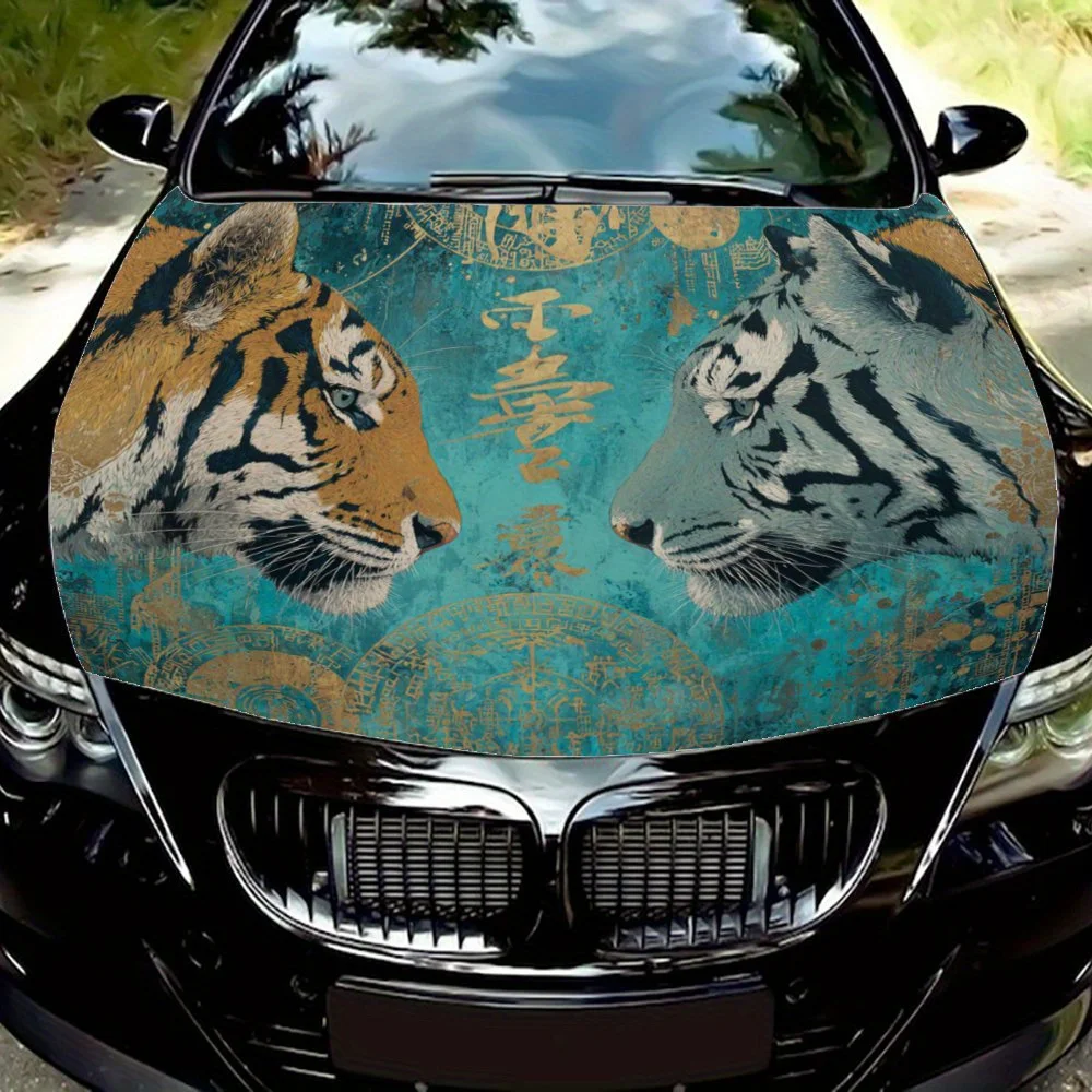 

Наклейка на капот автомобиля с двумя тиграми и иероглифами, наклейка на грузовик, самоклеящиеся долговечные автомобильные аксессуары, подходит для автомобиля,