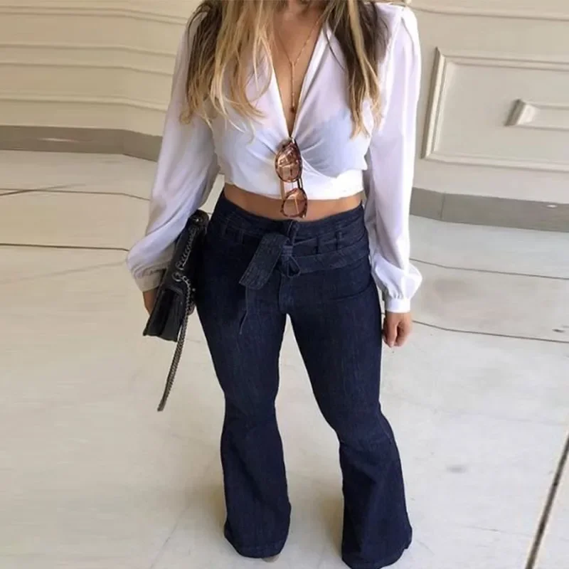 Elegant High เอว LACE-up Flare กางเกงผู้หญิงสะโพกเดินทางกระดิ่งด้านล่าง DENIM กางเกงแฟชั่นหญิง Streetwear