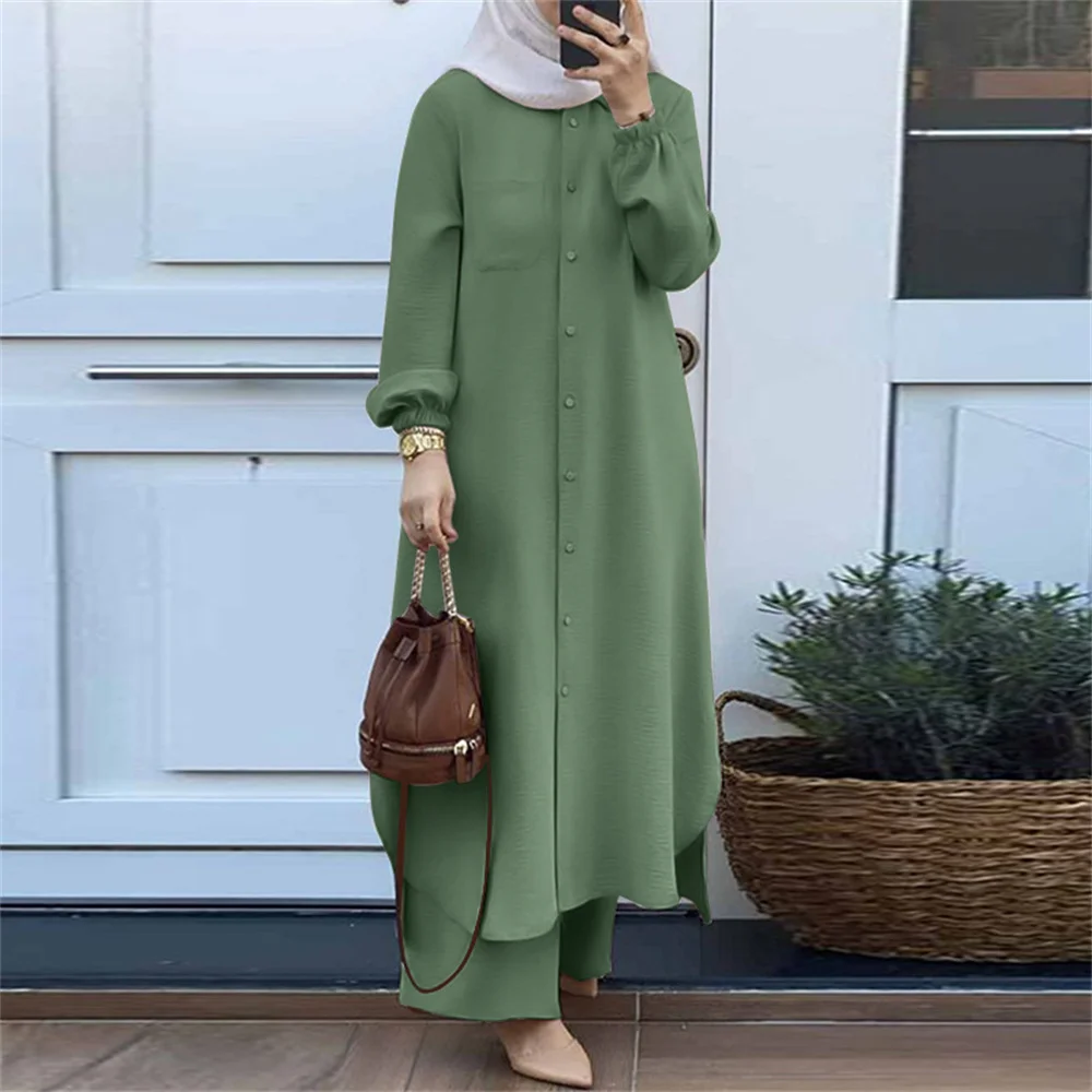 2024 New Abaya 2 Piece Set Vintage Muslim Suit Solid Color Lapel Neck Blouse Pant Ramadan Islamic Clothing Fashion Casual Turkey