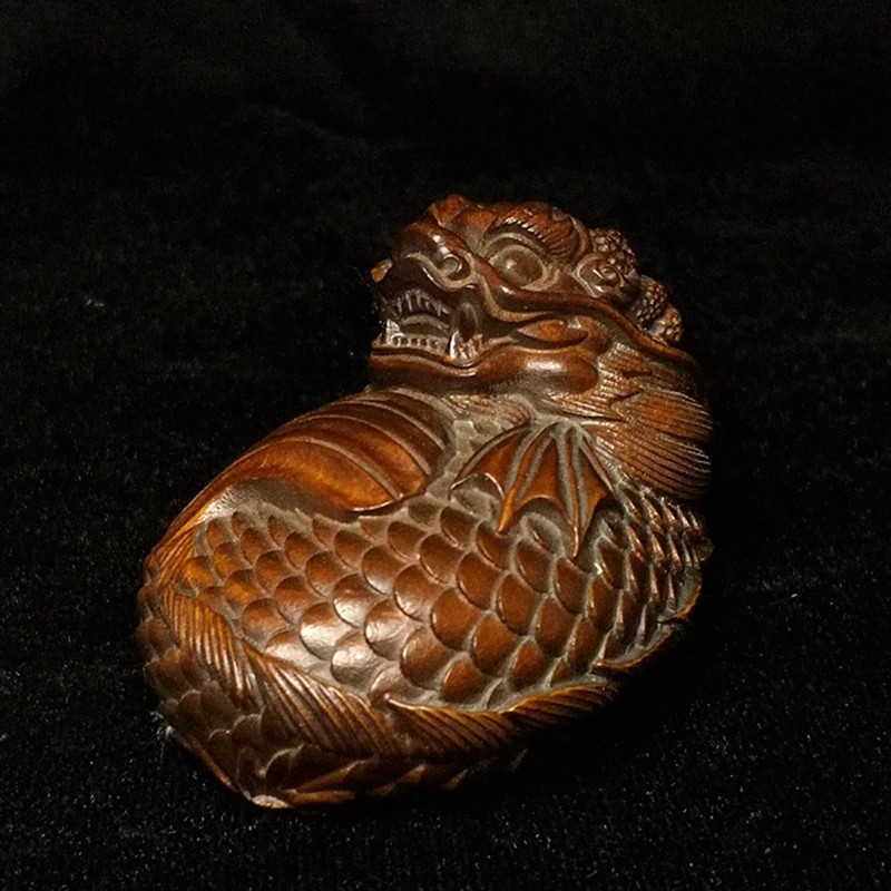 

1919 Antique art Size 2.5 Inch Old Chinese Boxwood Wood Hand carved Fish Dragon Baby Figurine Statue Netsuke Gift Collection