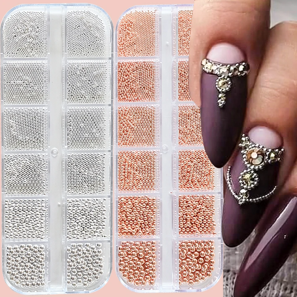 12 compartimentos de cuentas caviar mini doradas/plateadas, decoraciones metálicas de micro bolas con pluma magnética, gemas 3D para uñas 3