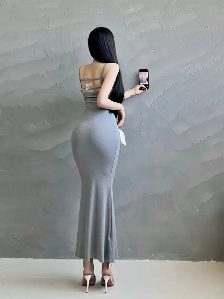 Fish Tail Dress Backless Butterfly Sexy Dress Elegant Butterfly Backless Strap Long Dress Slim Hot Sexy Korean Women Robe 2CKU