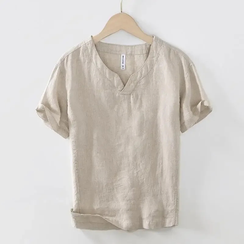 

Chinese Style Retro Tshirt Men Summer Casual Breathable Beach Male Tees Solid V-Neck Short Sleeve 100% Linen Tshirt Simple Top