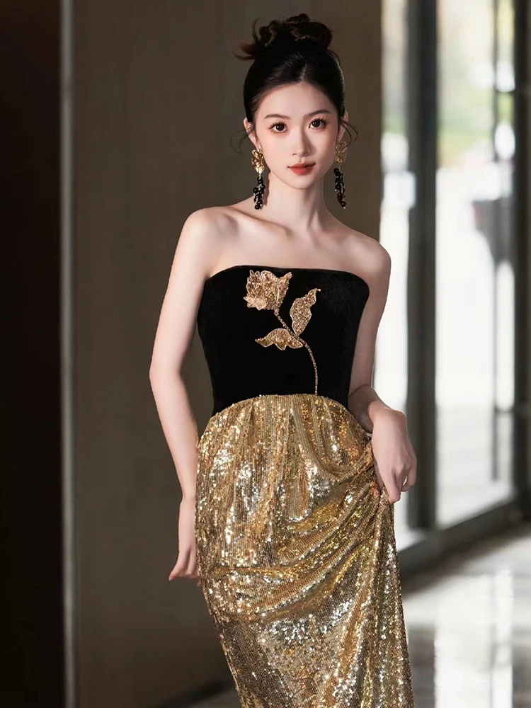 

Ele Long Evening Gown with Strap Wedding Dr for Birthday Banquet Adult Ceremony Sparkling Bla Gold New Bride Drinkin...