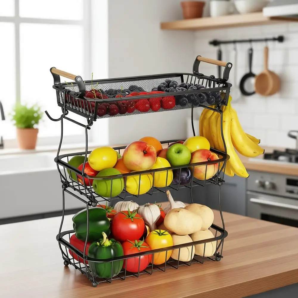 

3-Tier Fruit Basket with Banana Hangers, Countertop Vegetable Holder and Organizer for Kitchen Produce