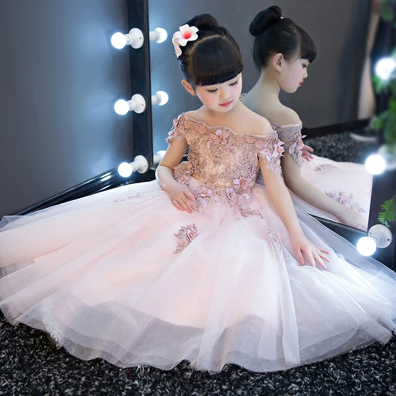 Glizt Girls Shoulderless Wedding Dress Bead Appliques Party Tulle Princess Birthday Dresses First Communion Gown For Girls