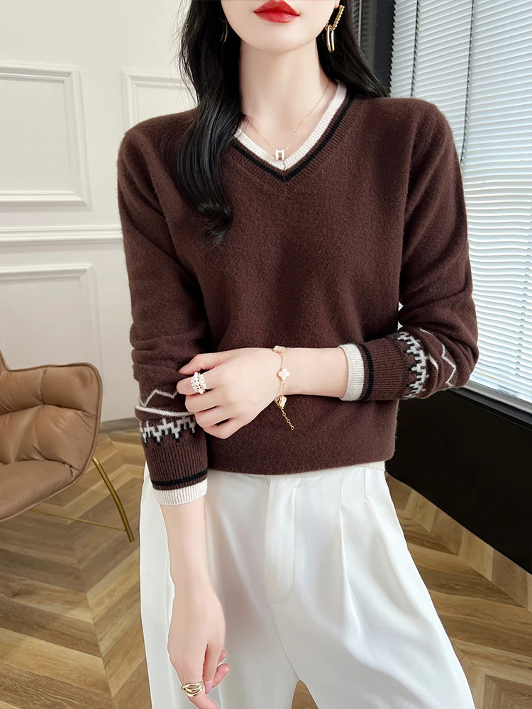 2024 New Cashmere Women's V-Neck Long Sleeve Basic Pullover Sweater 100% Merino Wool Knitwear Female Clothes Autumn Winter Top