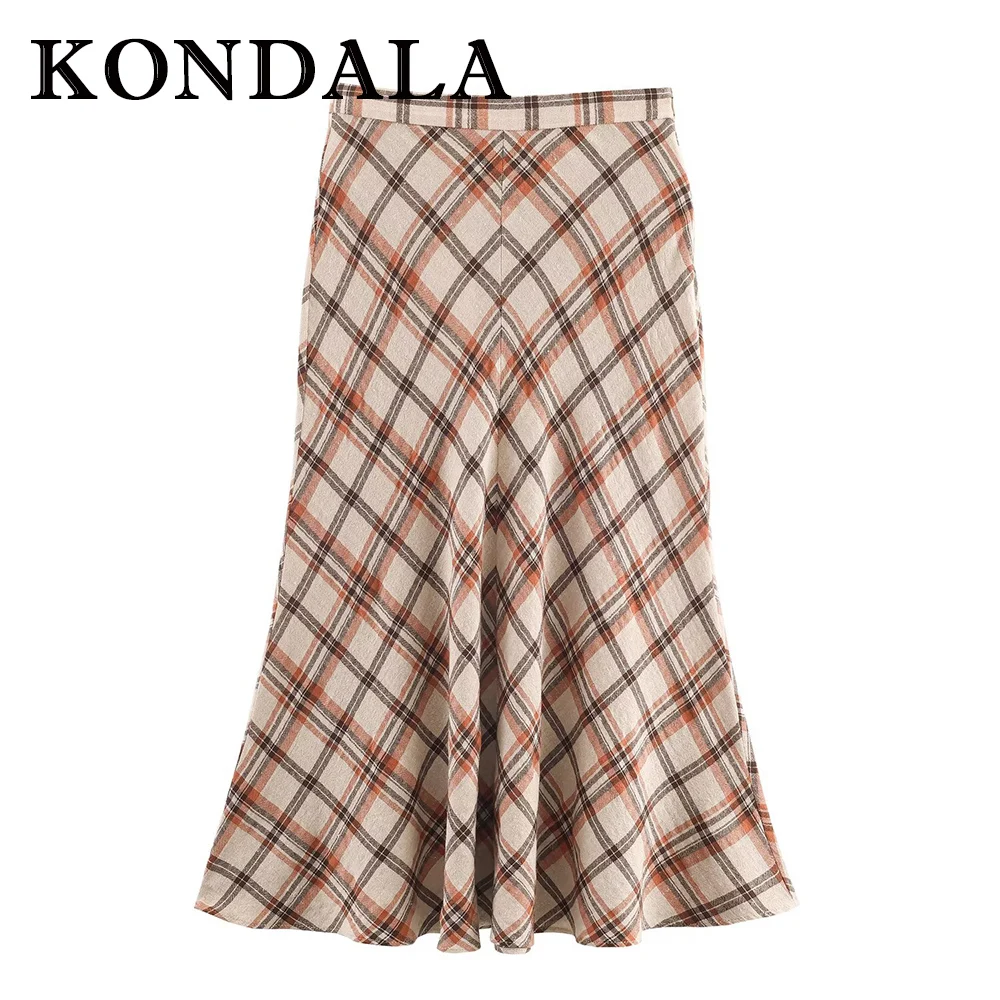 

KONDALA шикарная клетчатая винтажная плиссированная элегантная длинная юбка шикарная мода 2025 осенняя уличная одежда с высокой талией современная женская юбка на молнии