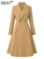 DEAT Fashion Women's Trench Coat Lapel Slim High Waist Double Breated Long Slevees A-line Khaki Overcoat Autumn 2024 New 7AB4991