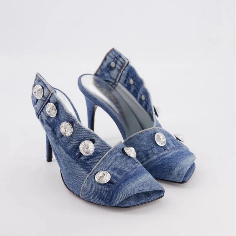 FHC 2024 New Women High Heels Denim Sandals,Metal Rivets Summer Shoes,Back Hollow Out,Square Toe,Big Size 34-44,Blue,Dropship