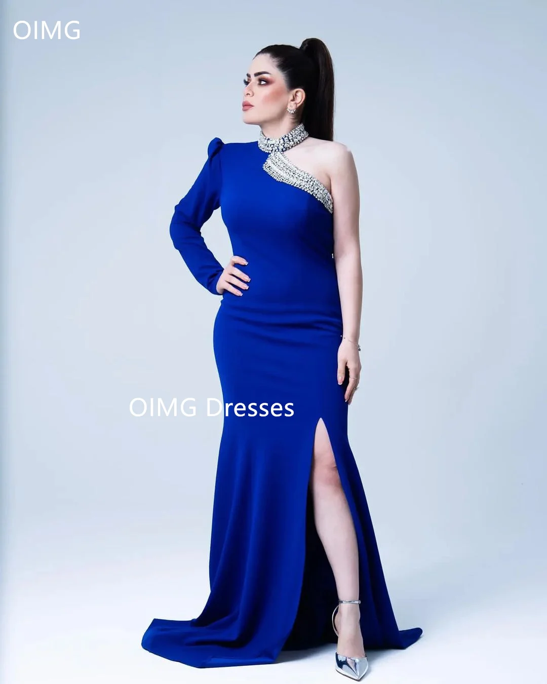 

OIMG Fashion Saudi Crystals Blue Vintage Prom Dresses Mermaid Long Sleeves High Neck Slit Evening Gowns Formal Party Dress