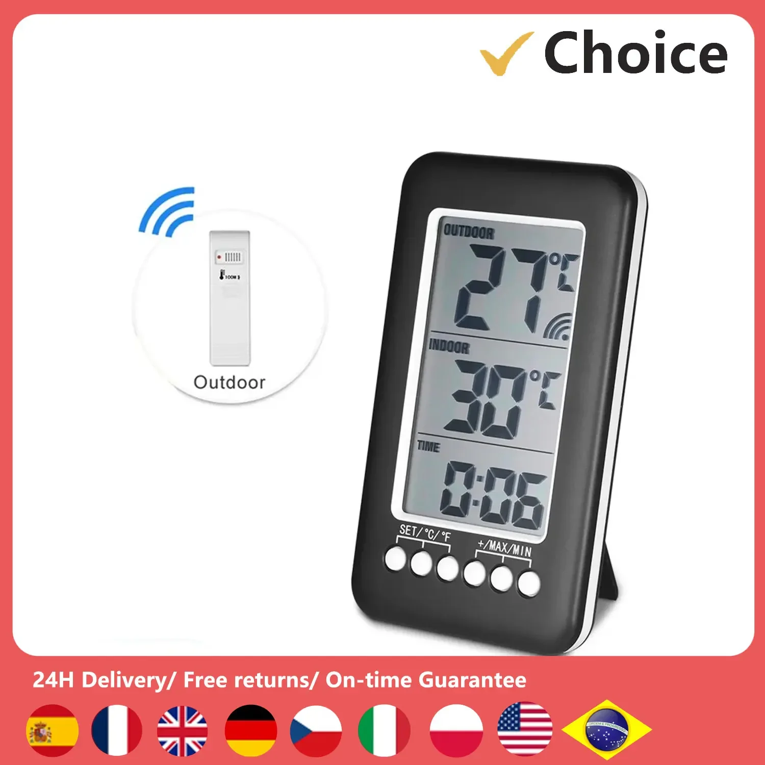 Digitales Thermometermessgerät mit Uhrfunktion, für den Außenbereich, Innenbereich, LCD, kabellose Temperatur, elektronische Thermometer, Wetterstation