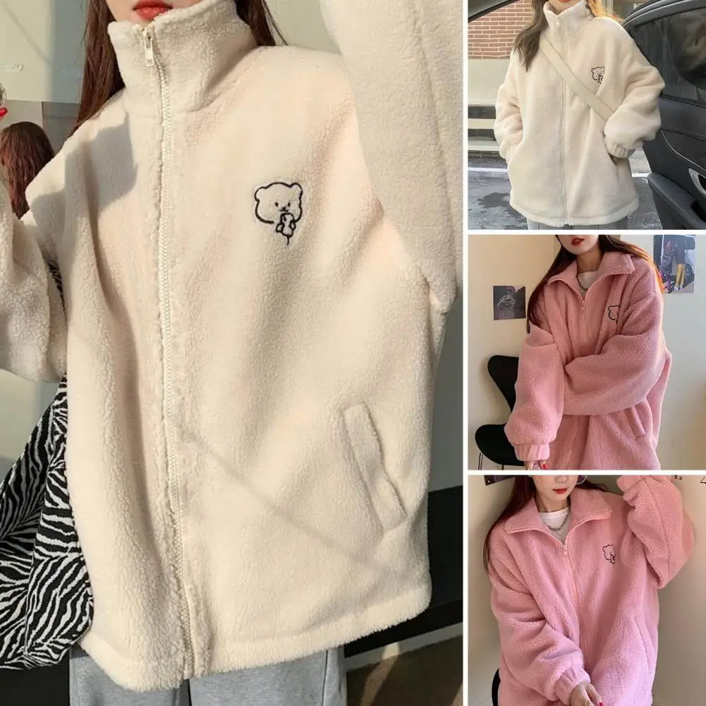 Imitation Lambswool Jacket Zipper Placket Sweatshirt Coat Thickened Plush Winter Jacket with Cartoon Bear Pattern Cozy for Women