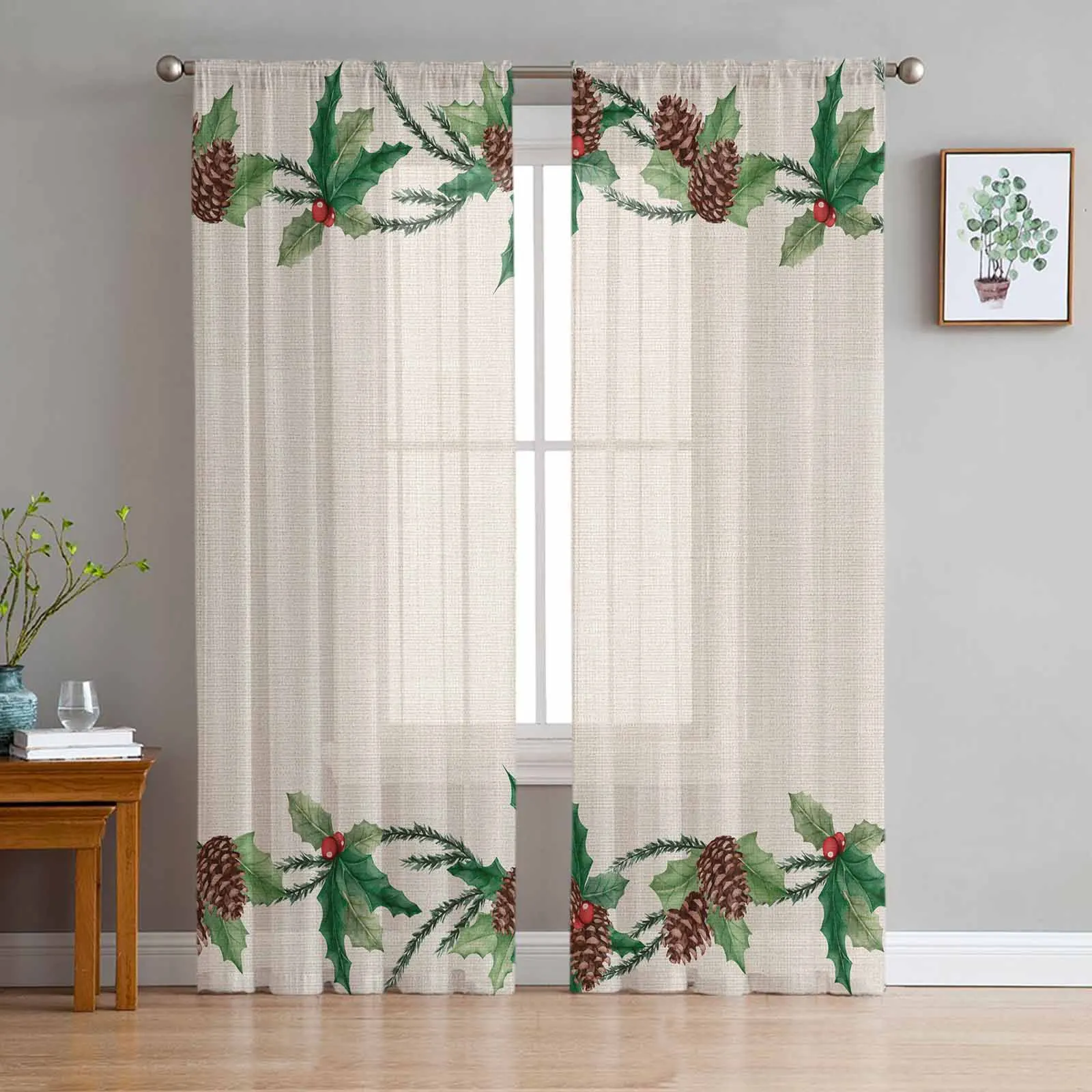 Christmas Plants Berries Pinecone Watercolor Sheer Curtains for Living Room Bedroom Home Coffee Decor Chiffon Tulle Curtains