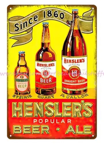 1940s Hensler's Beer ale metal tin sign wall art decor living room