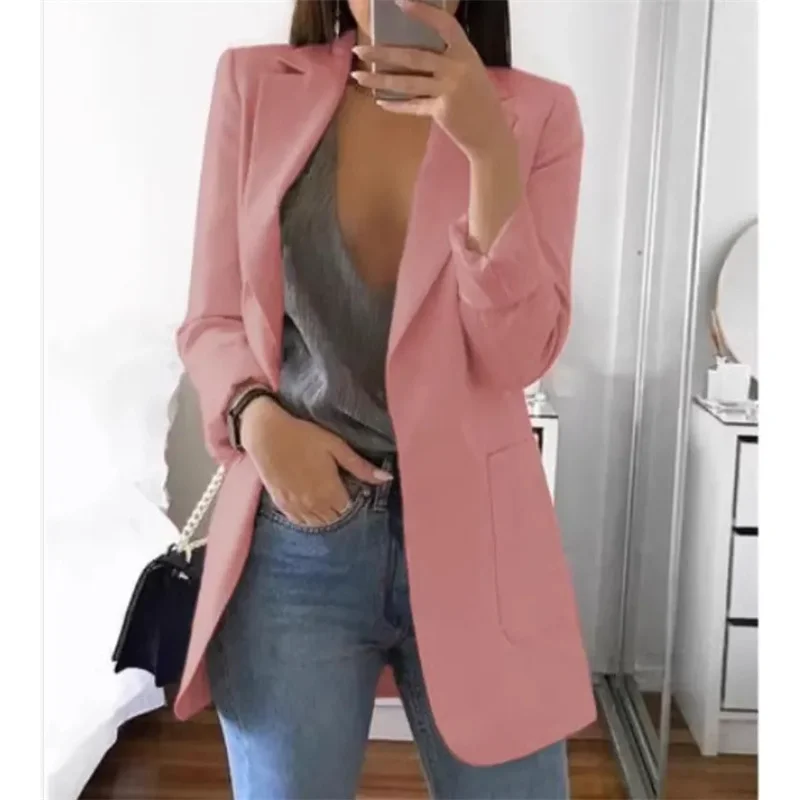 

Женский блейзер осенне-зимний с лацканами, длинными рукавами, карманами, приталенный, однотонный, новый, для офиса