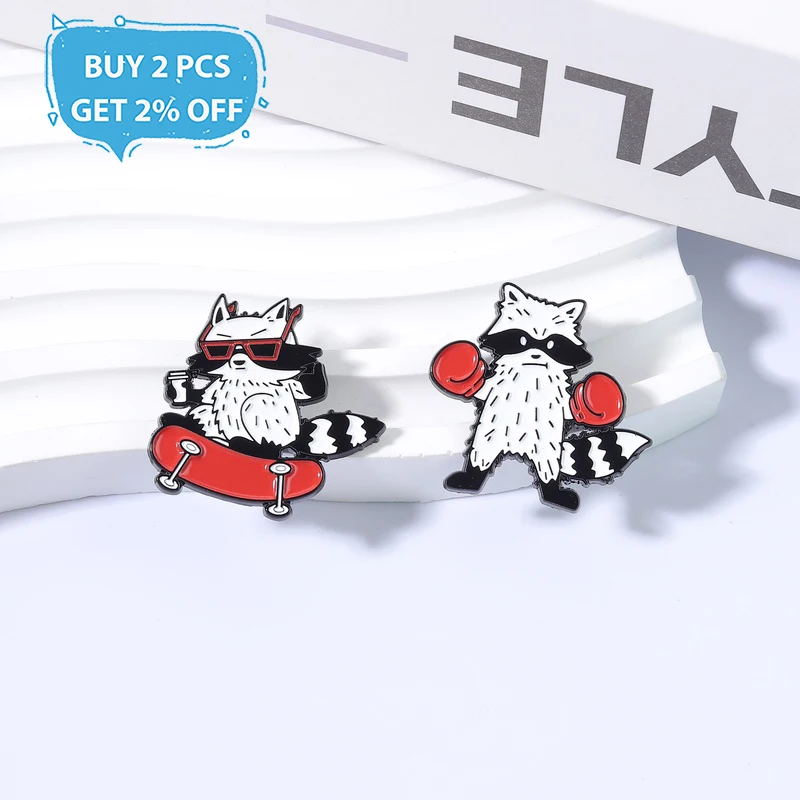 Cute Raccoon Enamel Pins Boxing & Skateboarding Cartoon Brooches Fashion Lapel Badge Backpack Clothes Jewelry Gift for Friends
