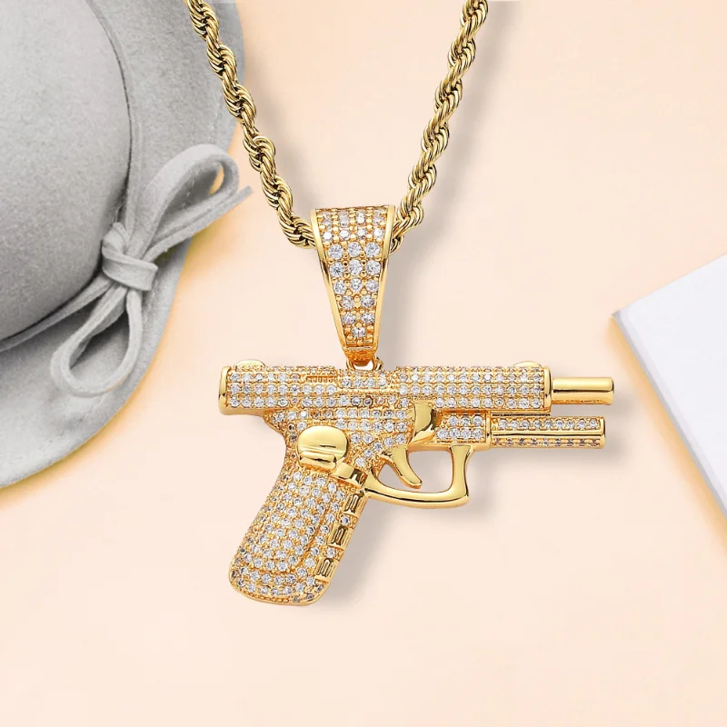 2023 New Fashion Hip Hop Crystal Pistol Pendant Personality Cool Rap Trend Pendant Necklace for Men Women Gift