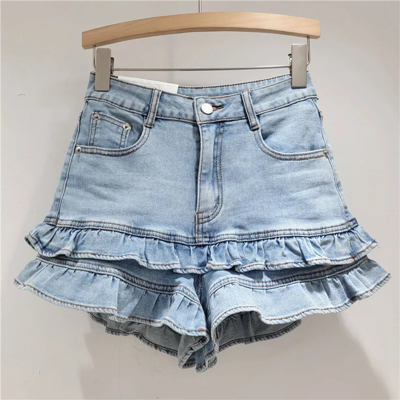 Summer New Sweet Ruffled Women Denim Shorts Elastic Versatile Design High Waist Slimming Wide Leg Shorts