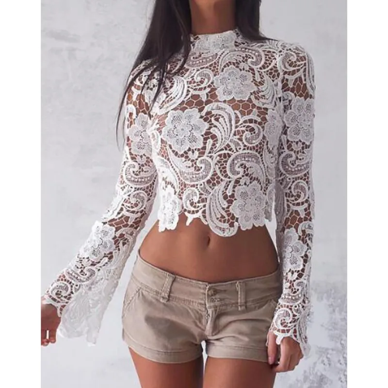 

Chic Half Turtleneck Lace Perspective Blouses & Shirts Women 2025 New Floral See Through Long Sleeve Crochet Short Blouse Top