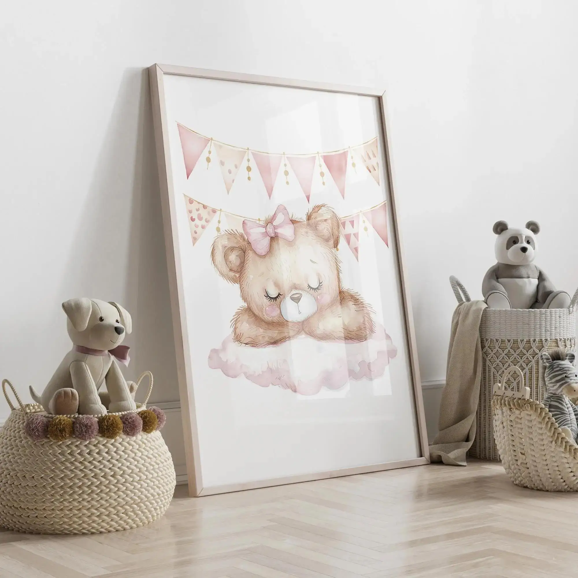 Tenda Korsel Beruang Mimpi Merah Muda Gambar Poster Lukisan Kanvas Cetak Seni Dinding Ayun untuk Ruang Tamu Kamar Tidur Dekorasi Rumah Kamar Anak-anak