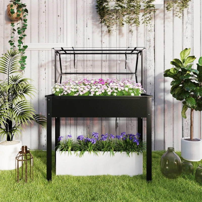 Bac à légumes surélevé avec toit de serre, jardinière surélevée avec trous de drainage, 100 x 48 x 124 cm, noir