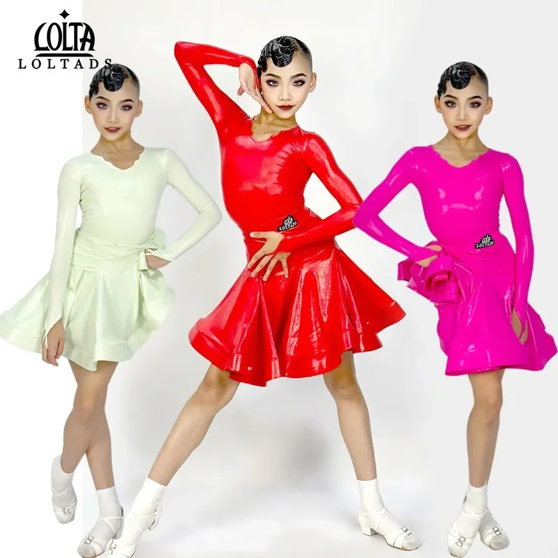 Bright Leather Children's Performance Costume Competition Clothes Latin Dance Rule Dress Girls' Latin Dance Suit Training Skirt