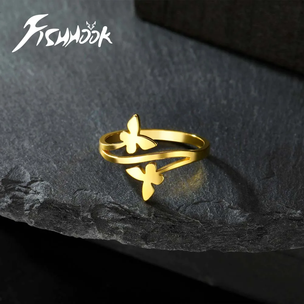 Fishhook Butterfly Finger Ring for Men Woman Girl Kid Child Couple Love Gold Color Stainless Steel Jewelry Gift Accessories