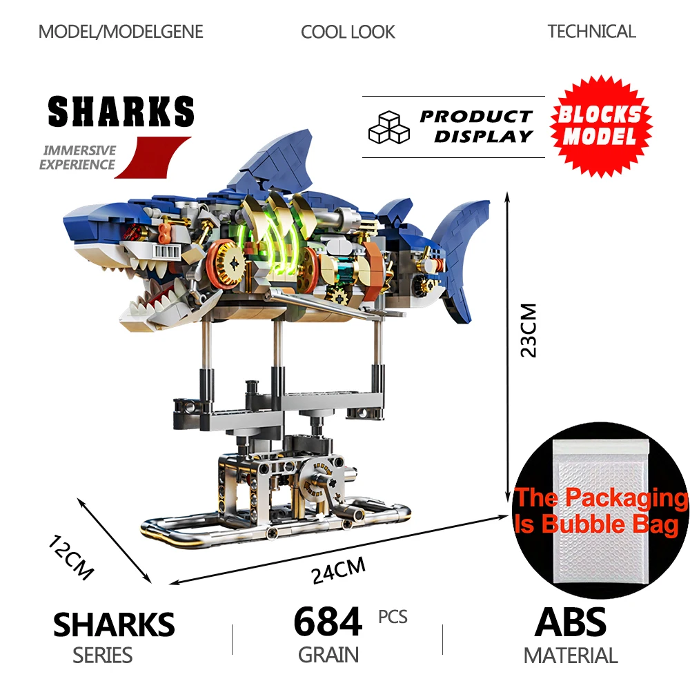 

Набор строительных блоков Механическая Акула, конструктор морской жизни, с Выставочной стойкой и подсветкой, подарок для детей и взрослых