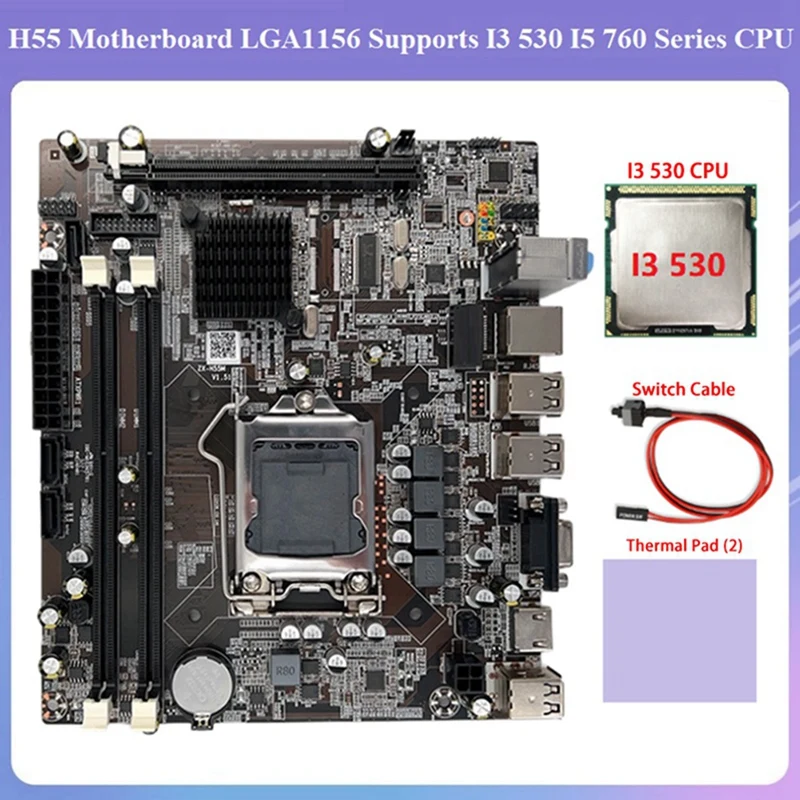H55 เมนบอร์ดชุด LGA1156 รองรับ I3 530 I5 760 Series CPU DDR3 หน่วยความจํา + I3 530 CPU + สายสวิทช์ + แผ่นความร้อน