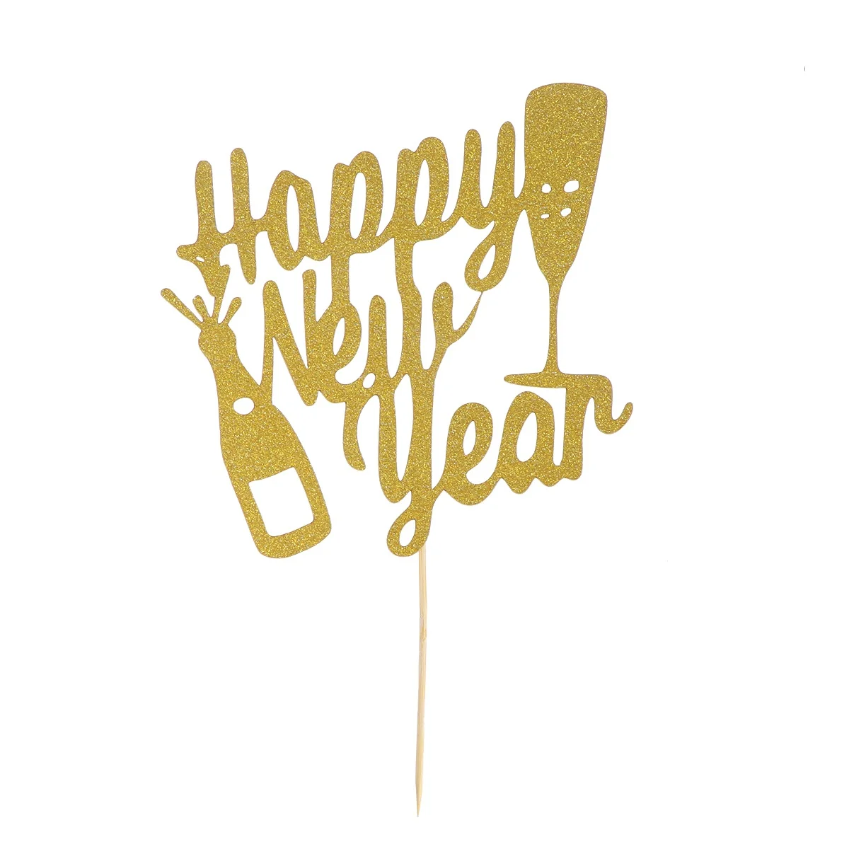 

10Pcs Golden Glitter Cake Topper Happy New Year Pattern for Dessert Decoration Party Wedding Festival Table Display Use