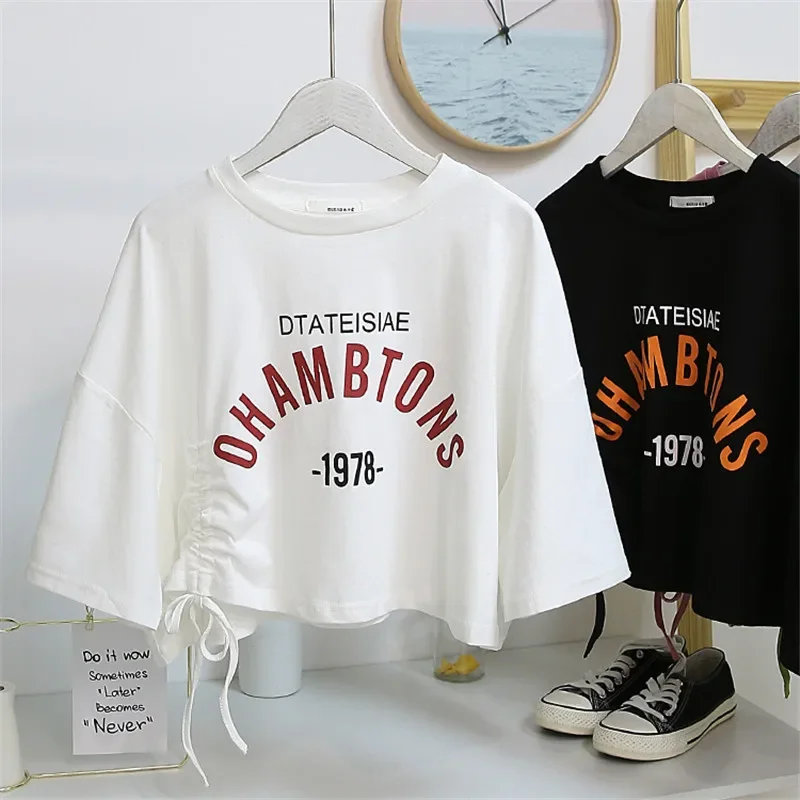 2024 Summer Cropped Top Base Layer Women's T-shirt Elegant Short Sleeves Design Sensibility Trendy Women's Clothing Crew Neck