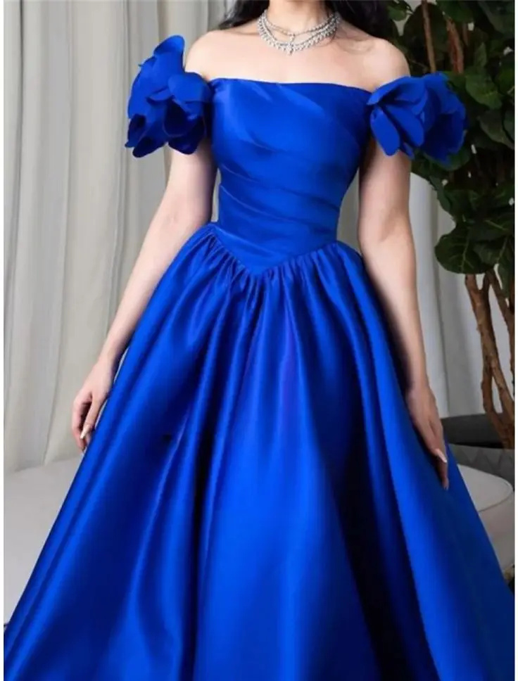 Royal Blue Evening Dresses Satin Long Floor Length Off Shoulder Florals Boat Neckline A Line Formal Party Women Prom Gowns