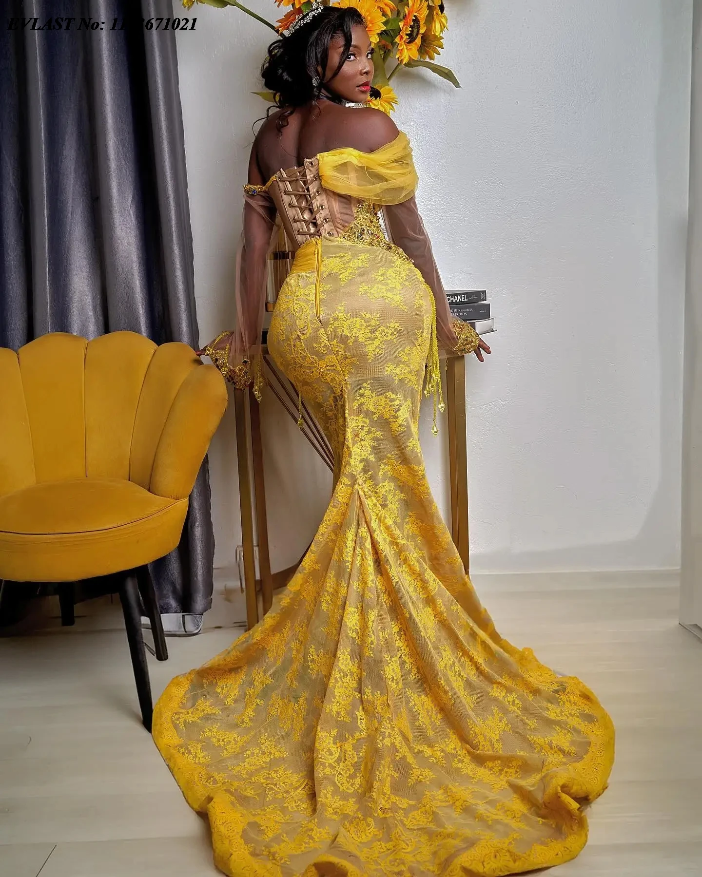 EVLAST Personalizado Africano Amarelo Renda Vestido de Baile Cristais Frisados Borlas Aso Ebi Vestido de Festa de Casamento Preto Menina Vestido Formal P164