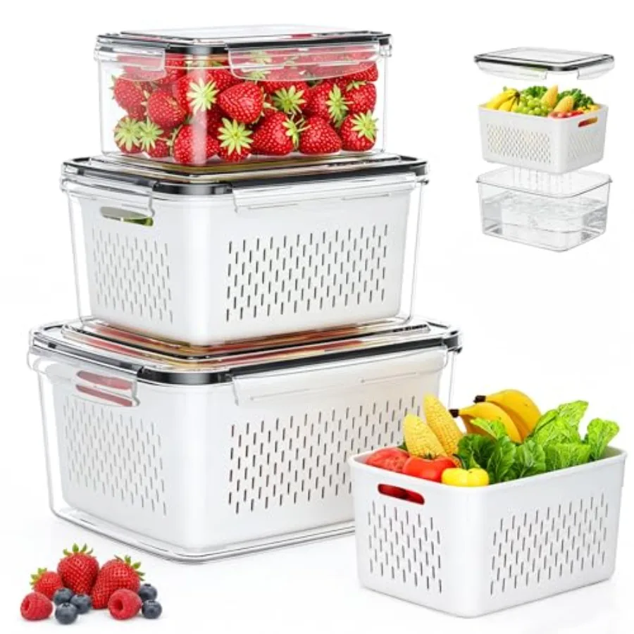 Fruit Storage Containers for Fridge - 3 Pack Produce Storage Containers with Removable Colander, Leakproof Food Organization Ke