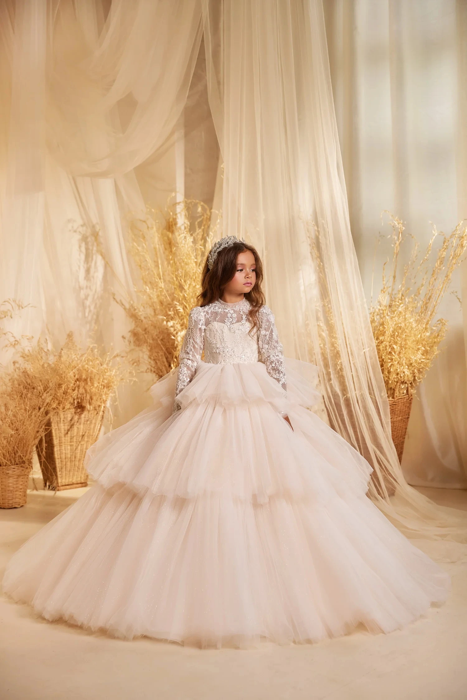 

Flower Girl Dress For Wedding Tulle Puffy Applique Lace Full Sleeve Layered Elegant Child First Eucharistic Birthday Party Dress