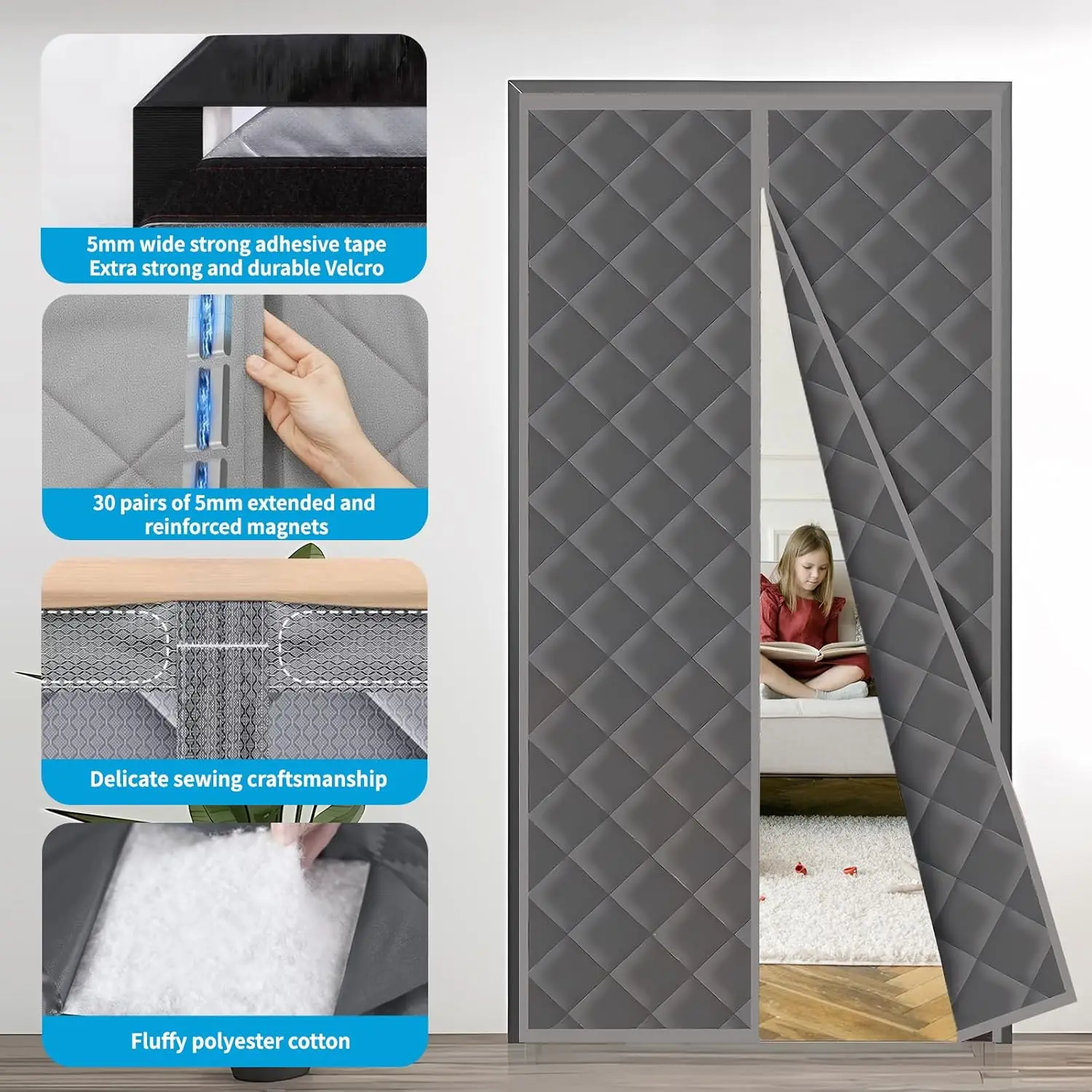 Insulated Magnetic Door Curtain for Winter, Windproof Cold Draft Blocker, Energy Saving Waterproof Curtain for Indoor Outdoor