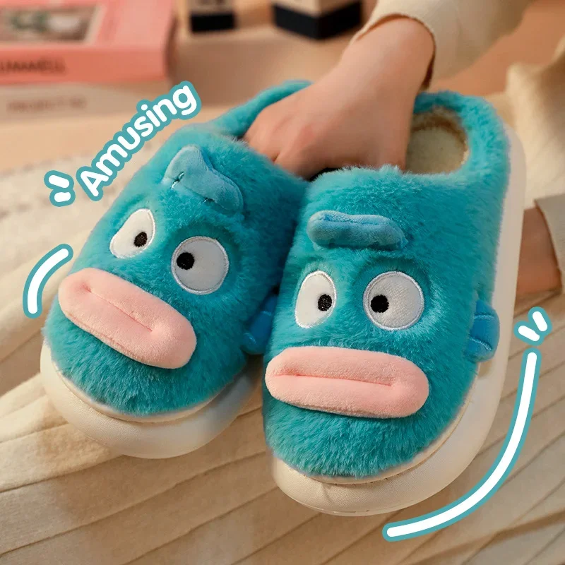 Sanrio Hanton ugly fish cute funny home warm women's shoes cartoon versatile non-slip thick-soled plush cotton slippers