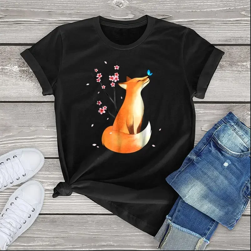 Kawaii Short Sleeve Tee Women Clothing Unisex Fox T-Shirt Women Funny Japanese Cherry Blossom Flower Graphic T-Shirt Girls Tops