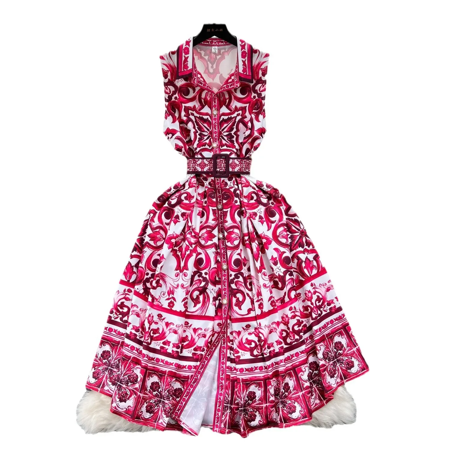 2024 New Fashion Summer Holiday Floral Midi Dress Shirt Women Sleeveless Tank Baroque Print Belt Long Vintage Party Vestidos