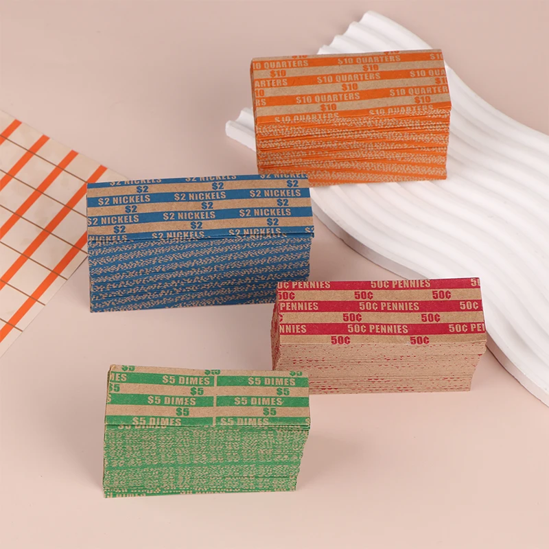 100Pcs Kraft Paper Coin Wrappers Assorted Bundle Flat Striped Coin Wrappers Color Coded Coin Counter Sorting Tubes Coin Rolls