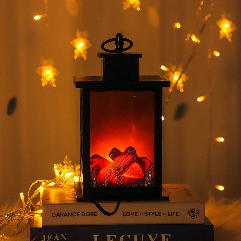 LED Fireplace Light with Timer, Realistic Wood Fire Flame Lantern, Christmas Charcoal StyleTable Lamp, for Holiday,Winter Decor