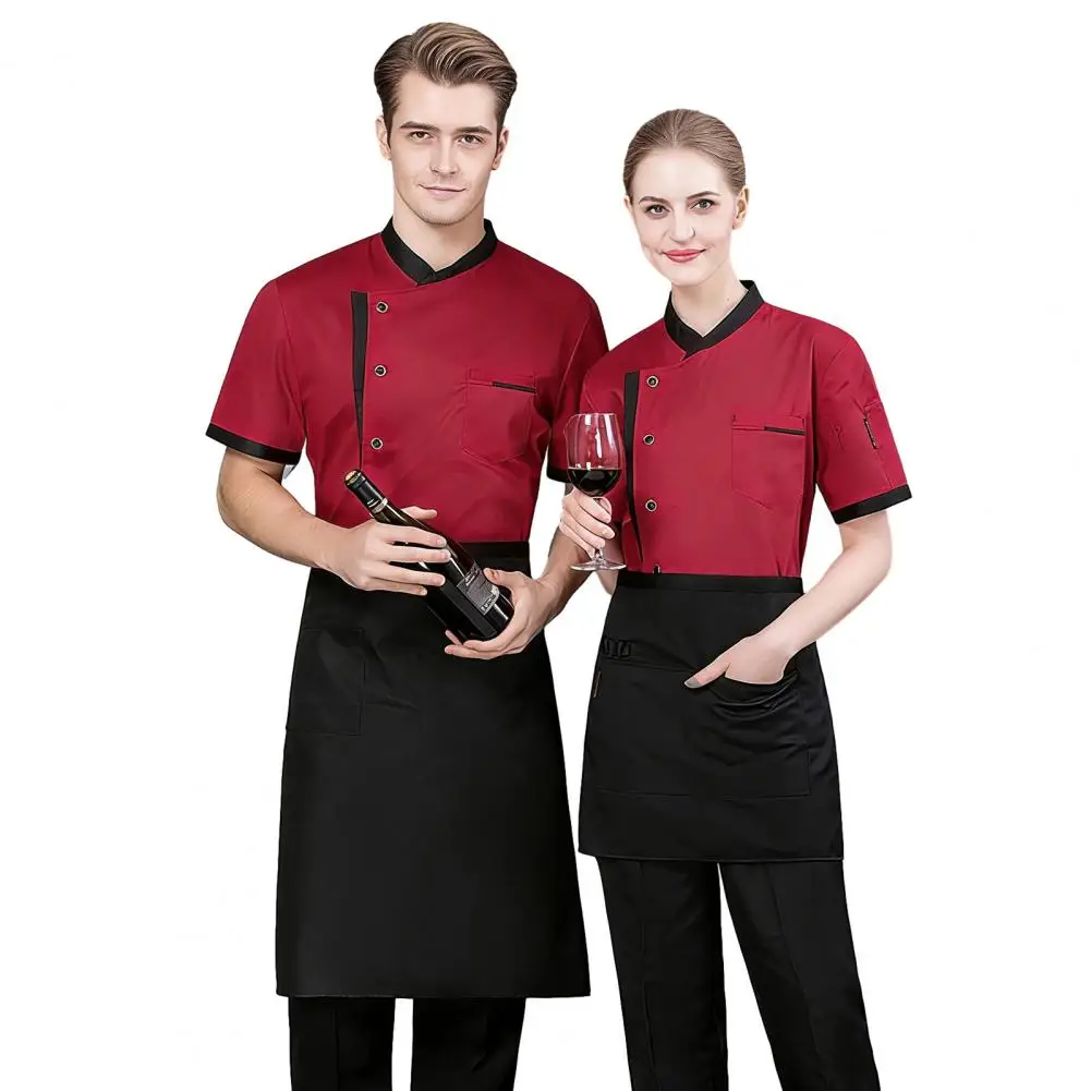 Chinese Style Chef Uniform Short Sleeve Unisex Chef Tops Closure Color Matching Functional Pocket Restaurant Kitchen Wear